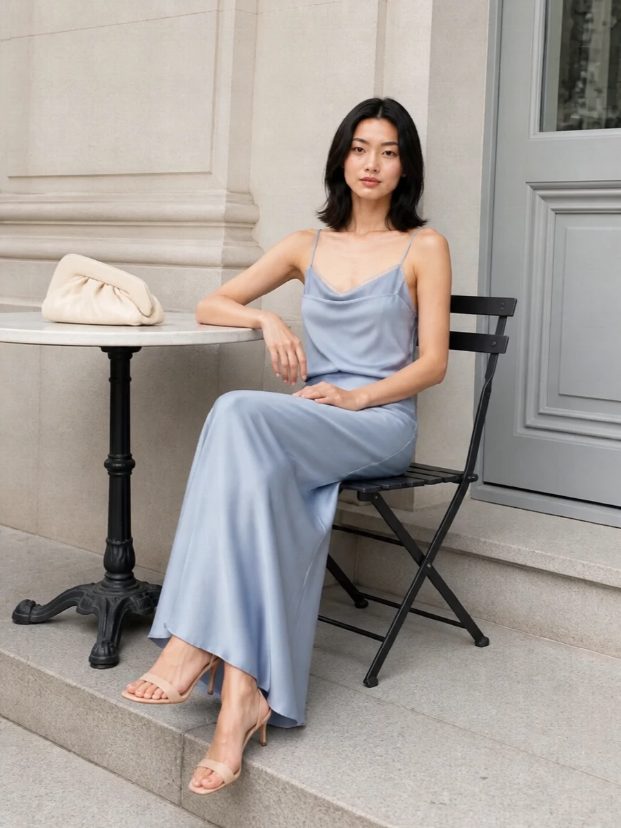 An ice-blue satin column pairs with a tonal camisole to create a quietly romantic, almost liquid line. Blush nude heels and a creamy sculpted clutch warm the palette just enough, keeping the mood soft yet polished for summer evenings. A gauzy ivory and blue scarf can be added for a barely-there layer of texture and ease.
