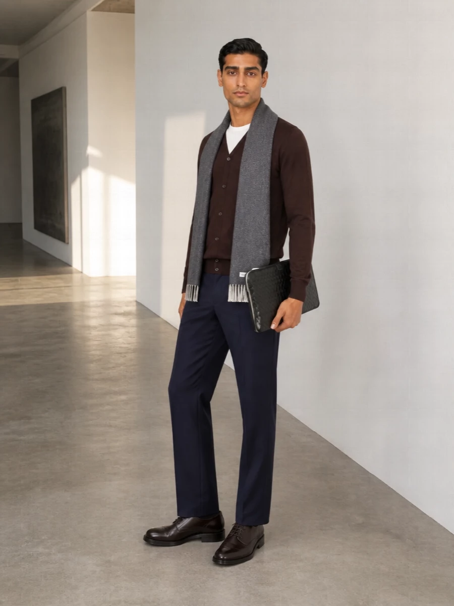 Dark chocolate knit against navy tailoring creates a calm, quietly precise combination that works from desk through dinner. The brown leather derby and black woven portfolio keep the line sharp but unfussy, while the charcoal scarf adds a soft frame without breaking the restrained palette.
