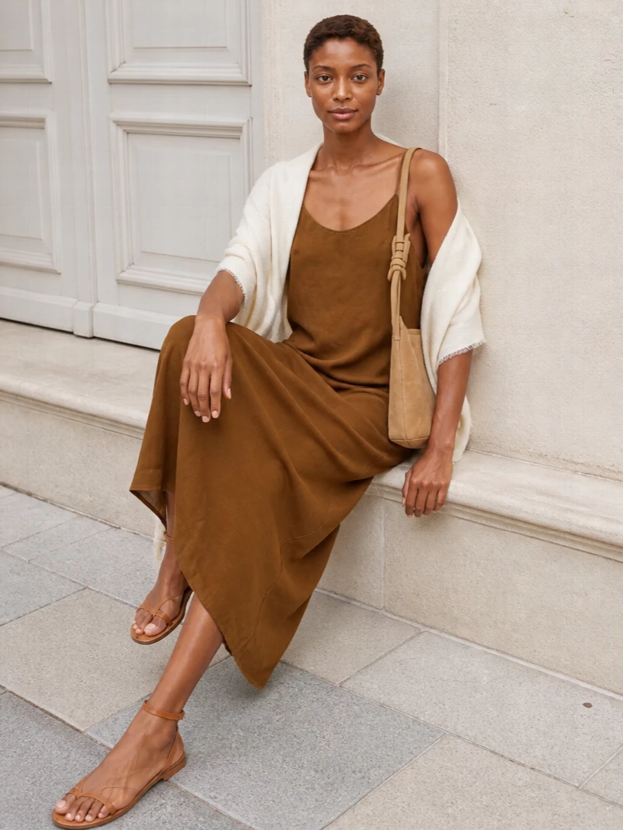 Uma wang brown slip dress tan sandals