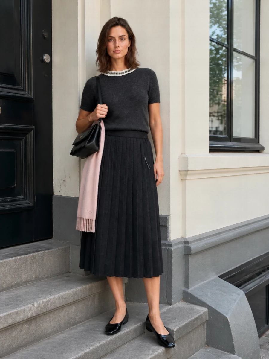 Prada crystal collar sweater charcoal pleated skirt
