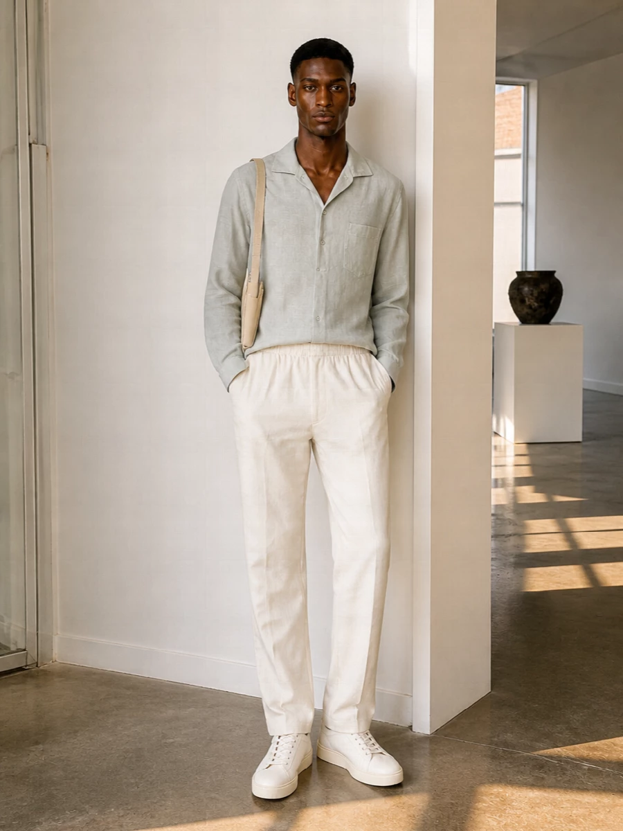 Lardini sage shirt cream trousers tods sneakers