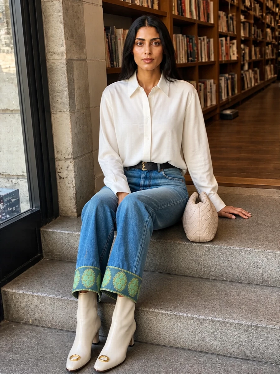 Valentino cuffed jeans ivory longline shirt outfit