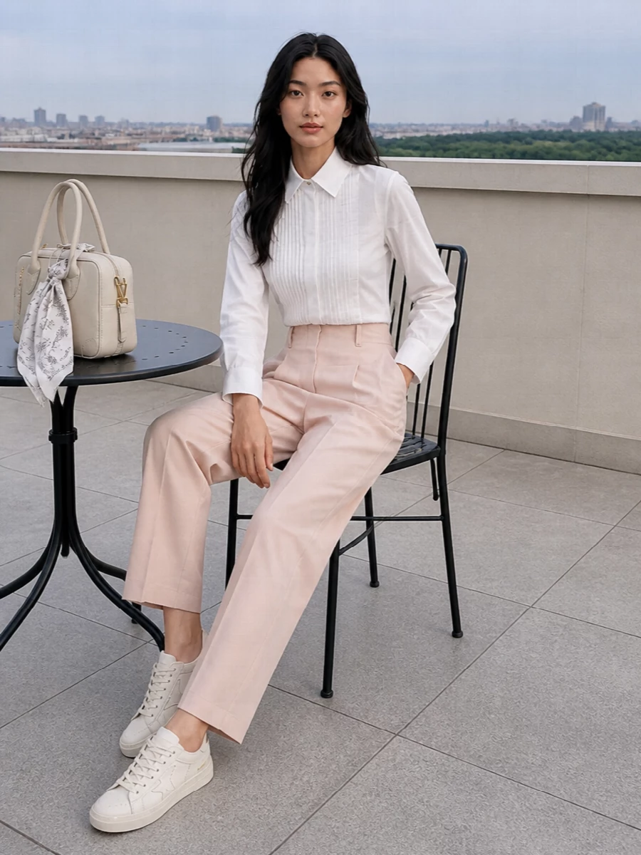 Golden goose blush trousers white shirt outfit