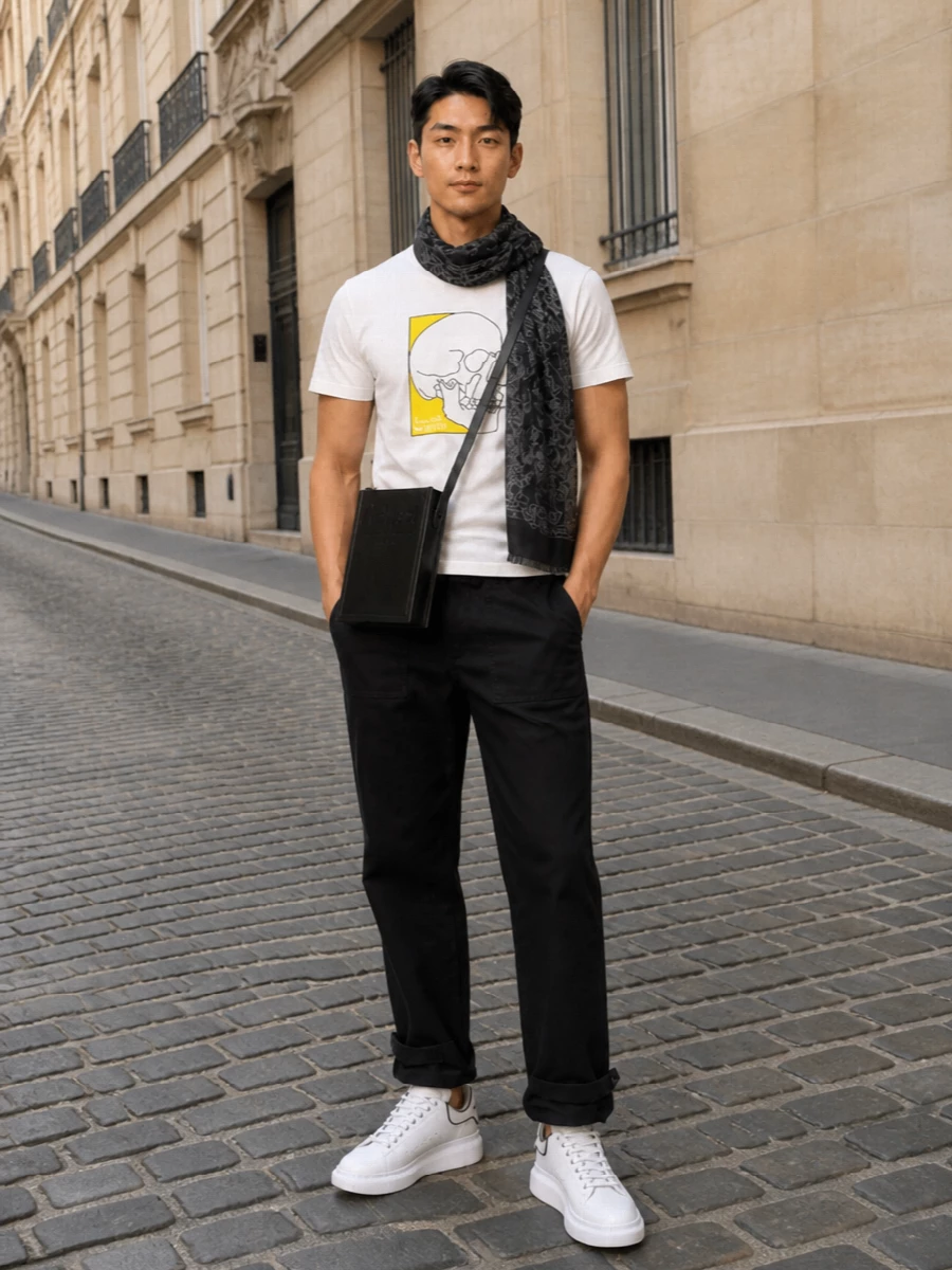Alexander mcqueen skull tee black trousers sneakers