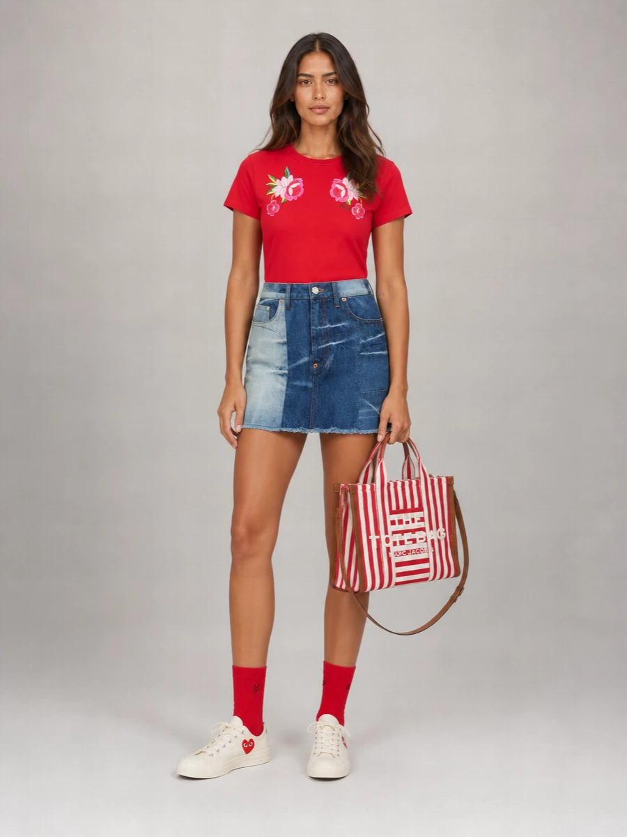 Kenzo’s floral tee meets a patchwork denim mini for a playful, city-ready mix of romance and street. Graphic canvas sneakers and a striped tote keep the palette tight on reds and creams, while red socks add a small but deliberate color echo. It feels easy and spirited, ideal for coffee runs, gallery afternoons or casual nights out with friends.