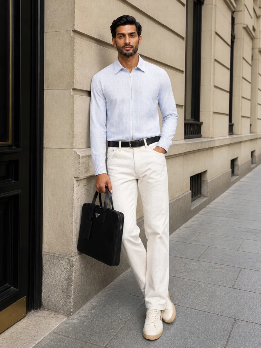Prada straight leg trousers striped shirt outfit