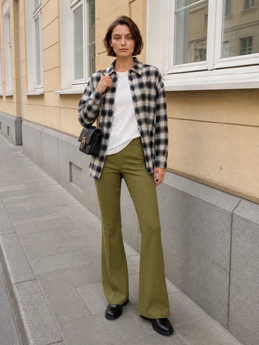 The attico plaid overshirt flared trousers outfit