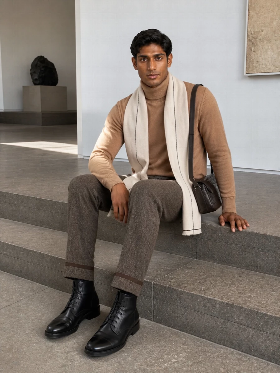 Camel knit, brown herringbone tailoring and deep espresso leather create a warm, intellectual palette that feels composed without stiffness. The black lace-up boot adds structure at the ground, while the slim crossbody and soft scarf keep the silhouette long and clean for city days that run into dinner.