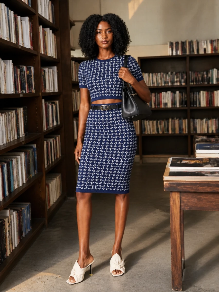 Givenchy navy knit skirt cream mules outfit
