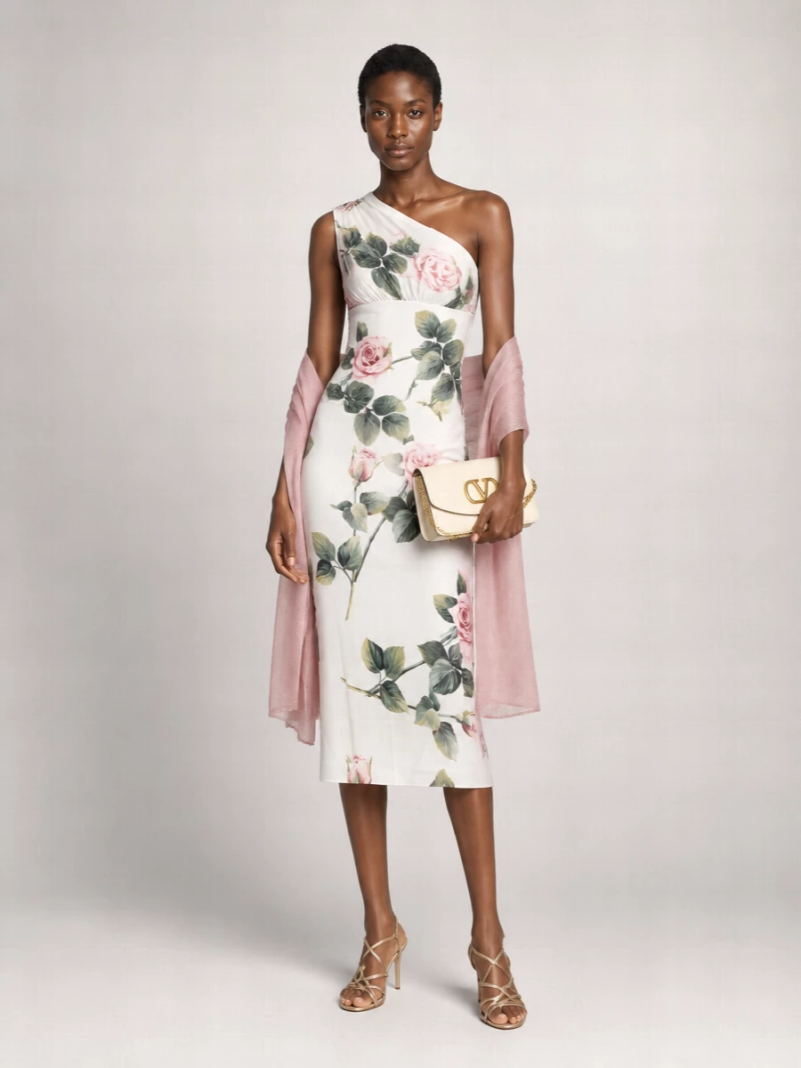 Dolce&Gabbana Silk Floral One-Shoulder Sheath Midi Dress