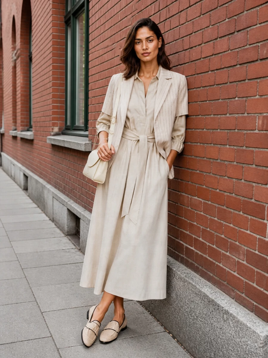 Max mara beige blazer shirt dress loafers