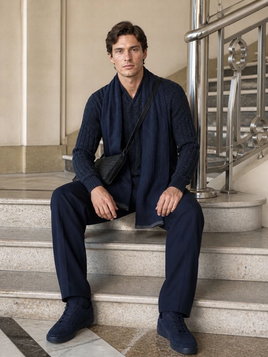 Armani navy shawl knit pleated trousers outfit