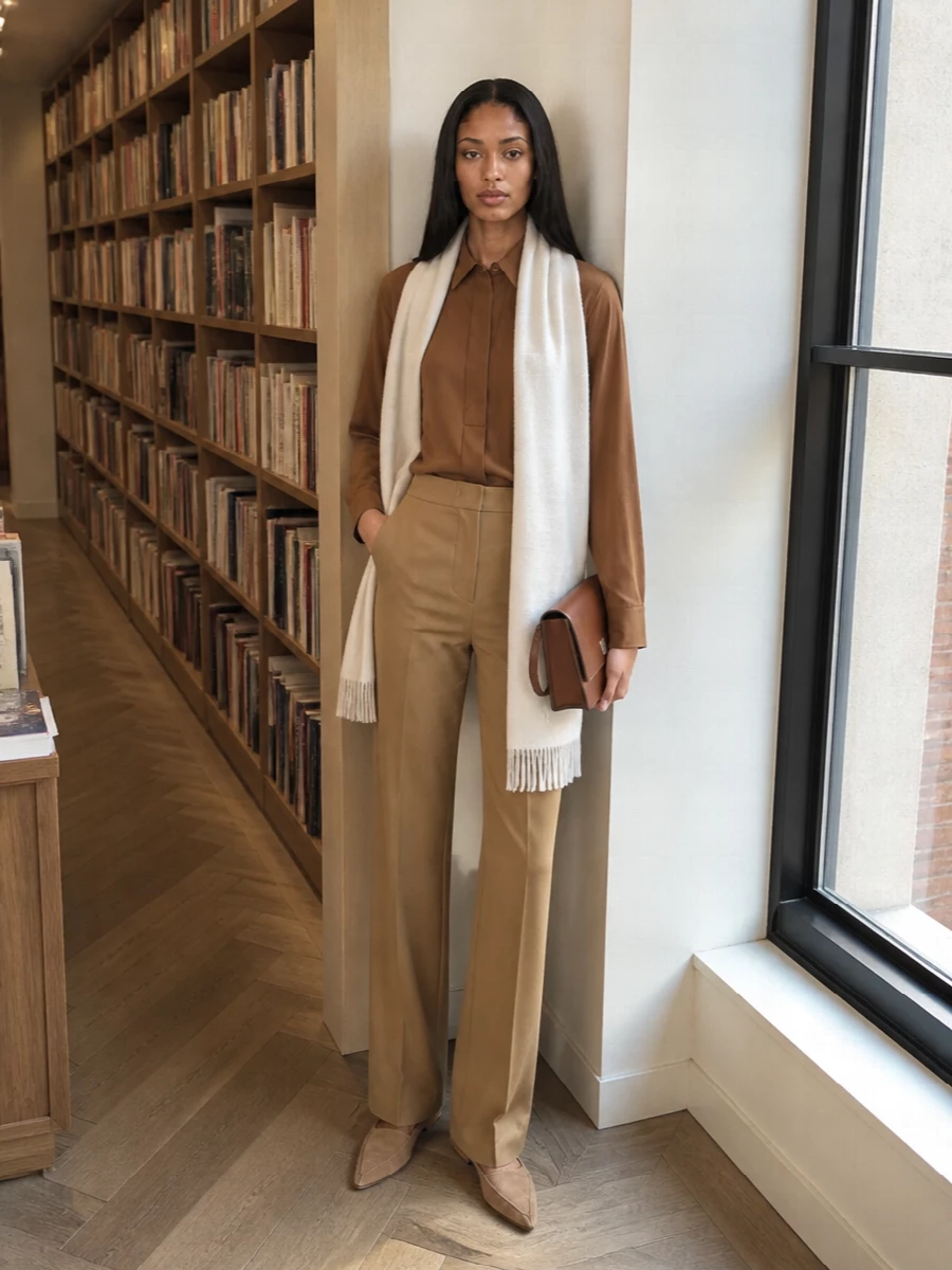 Max mara camel shirt tailored trousers outfit