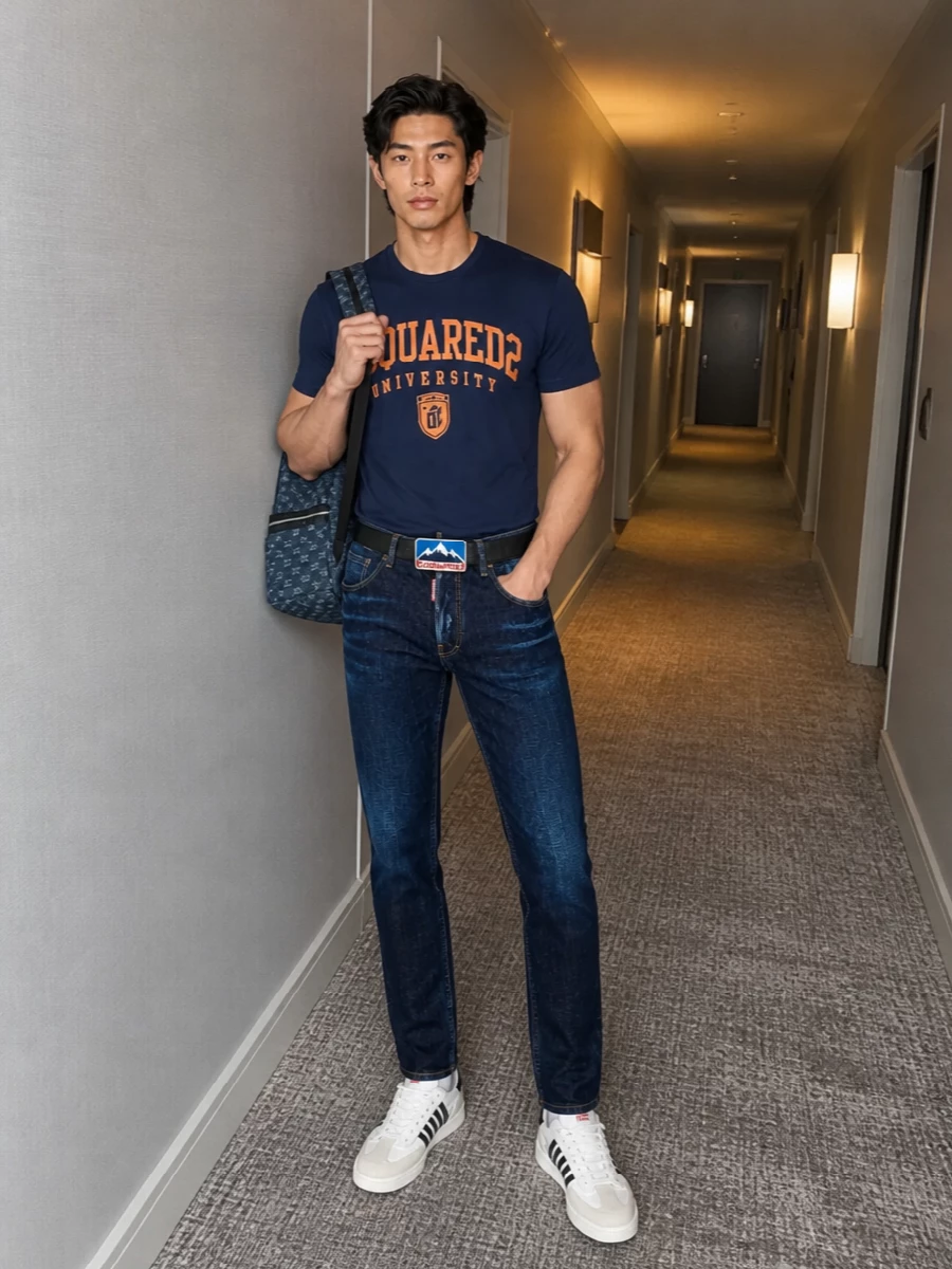 Dsquared2 varsity tshirt dark jeans sneakers