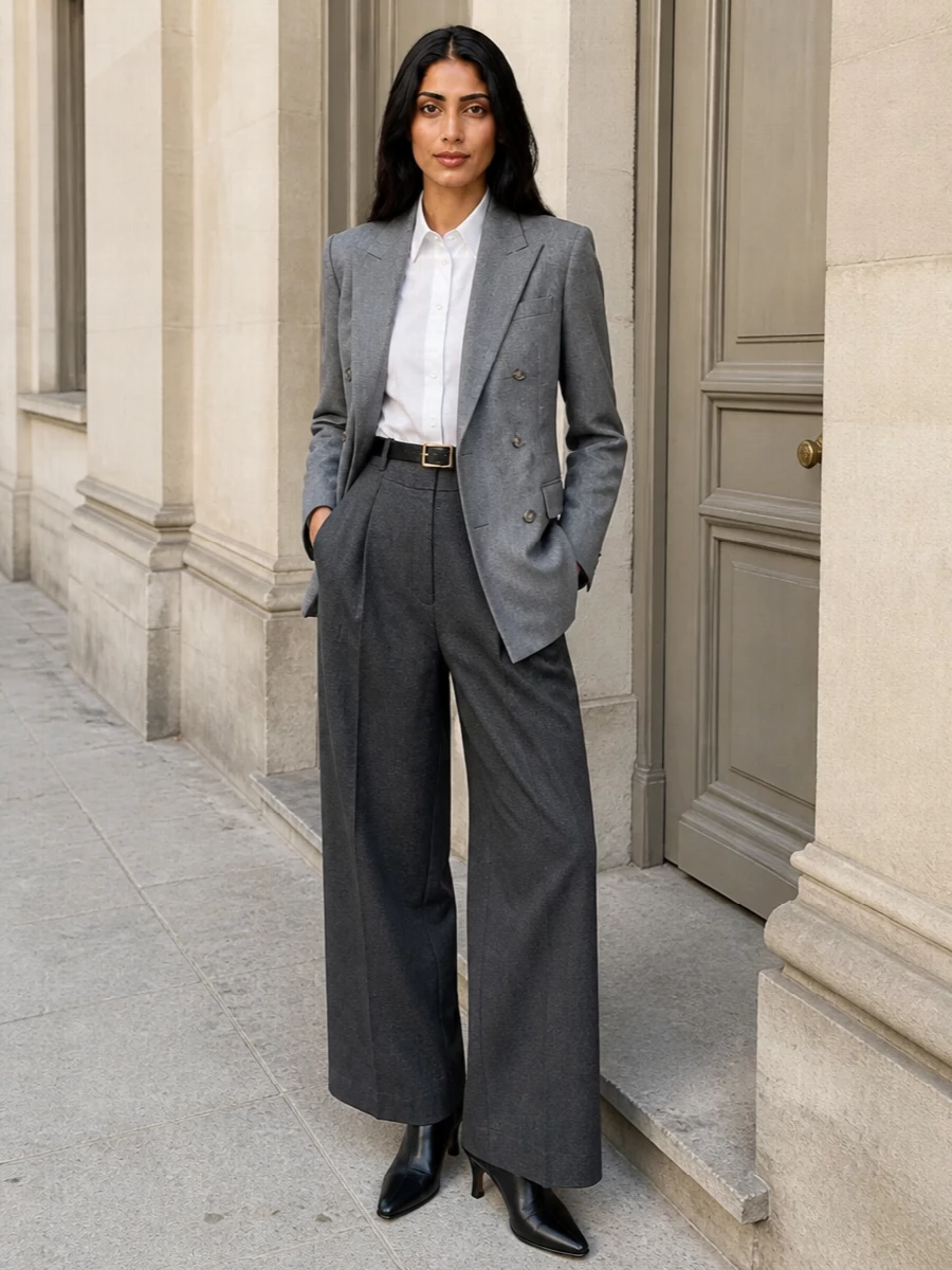 Tagliatore grey blazer wide leg trousers outfit