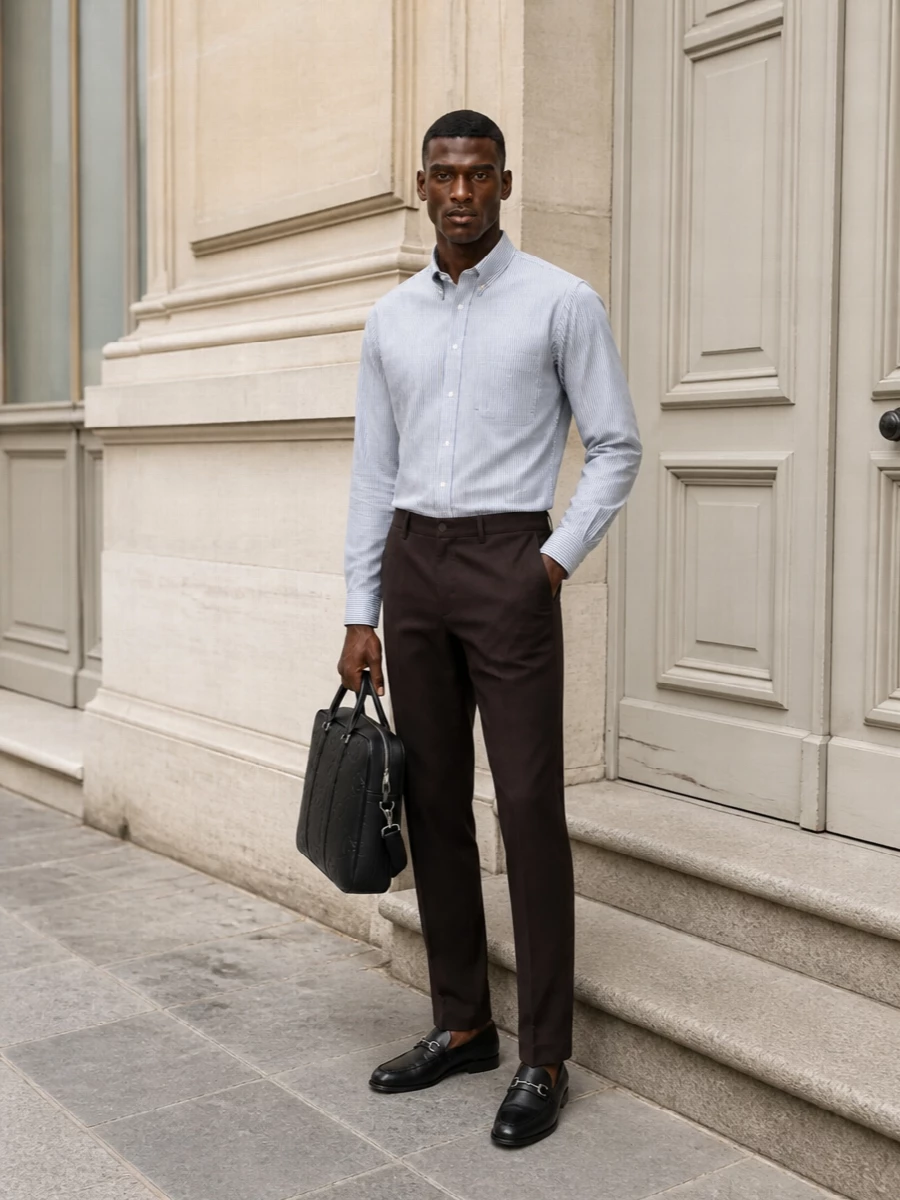 Deep chocolate tailoring meets a crisp striped shirt for a modern, city-ready take on quiet luxury. The cool blue-grey lines of the shirt lighten the brown while keeping the mood refined and discreet. Black loafers and a structured briefcase finish it with boardroom polish that still feels relaxed enough for an evening drink afterward.