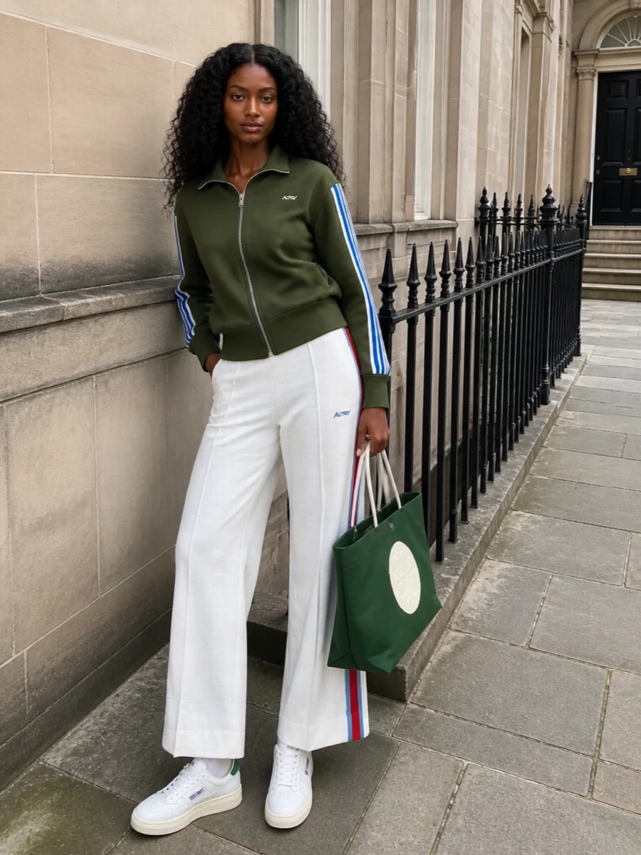 Olive, white and forest tones play together in a crisp, stripe-led take on retro sport, with the wide leg anchoring the track top in a more directional silhouette. The white sneakers and socks keep everything light and graphic, while the structured green tote brings just enough polish for city days without breaking the relaxed rhythm.
