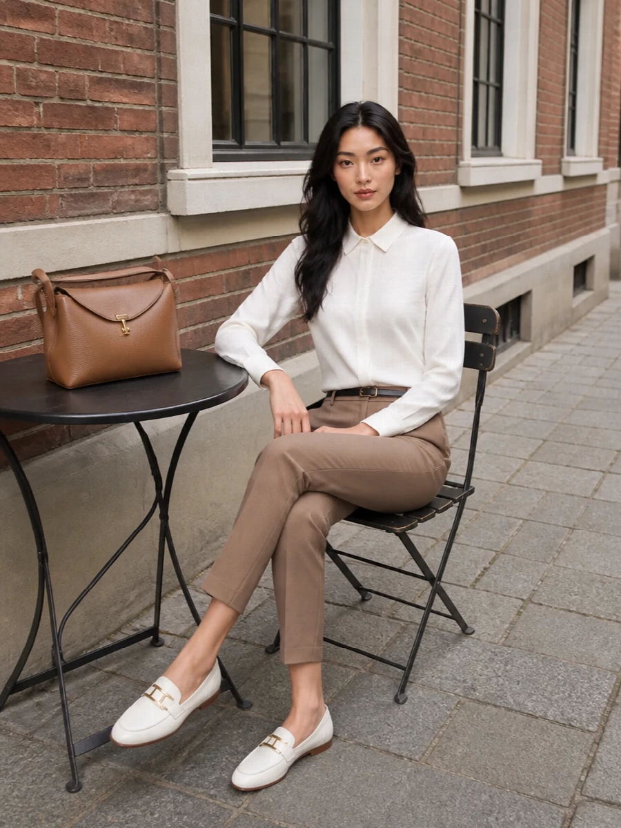 Max mara taupe trousers ivory shirt tods loafers