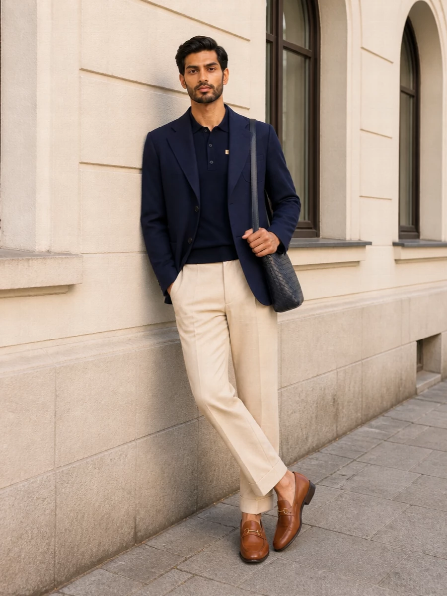 Valentino navy blazer beige trousers outfit