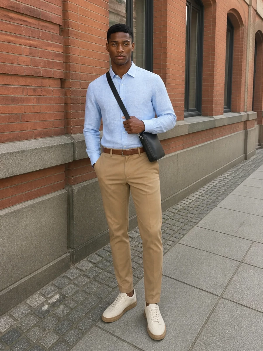 Boss camel chinos light blue shirt cream sneakers
