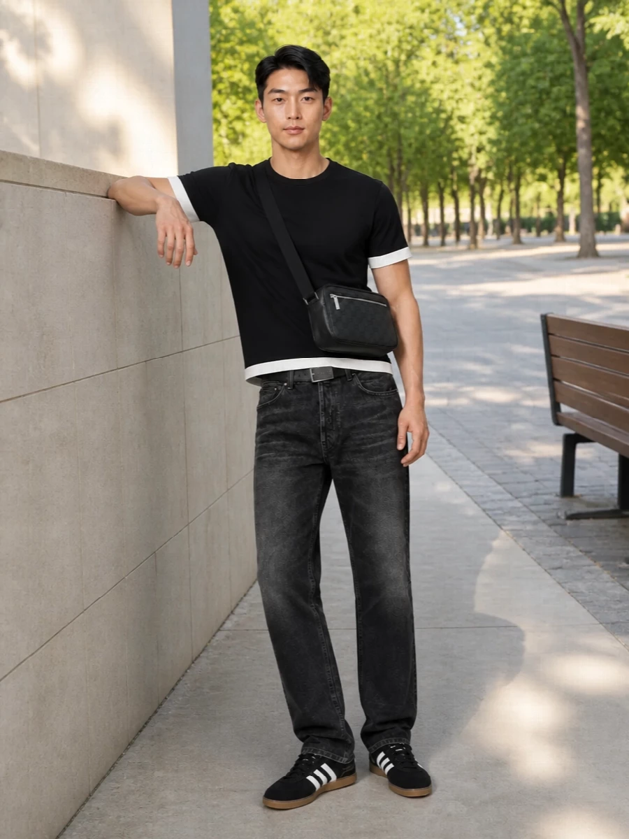 A sharp black-and-off-white tee meets washed-black straight denim for a clean monochrome base that reads quietly street yet considered. Retro Gazelles and a slim conceptual belt keep the proportions lean, while the Gucci crossbody introduces just enough luxury hardware to feel intentional without shouting.