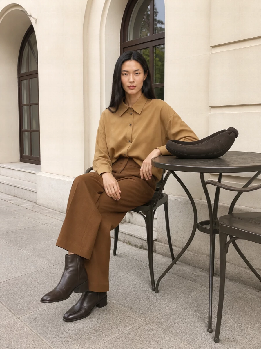 Camel tailoring, cut in wide, high-waisted lines, is grounded with a fluid tonal shirt for an edited column of warm neutrals. Dark chocolate leather and suede at the ankle and shoulder add depth, keeping the outfit precise enough for serious days but relaxed in attitude. It is quiet, expensive in feel, and comfortable enough to move from desk to late city errands without a change.