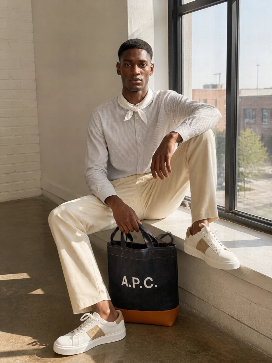 Apc striped shirt beige chinos sneakers