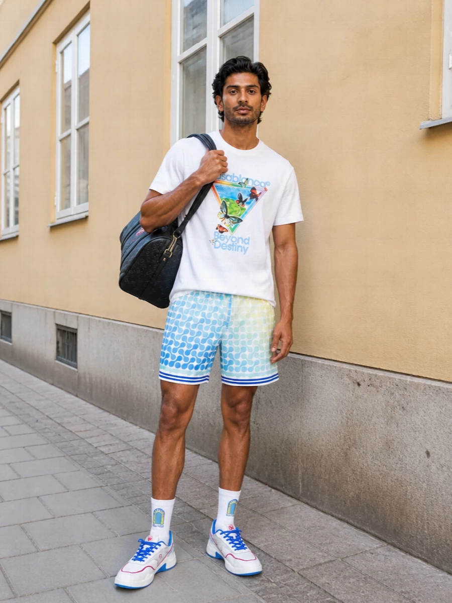 Casablanca graphic tee pastel deck shorts outfit