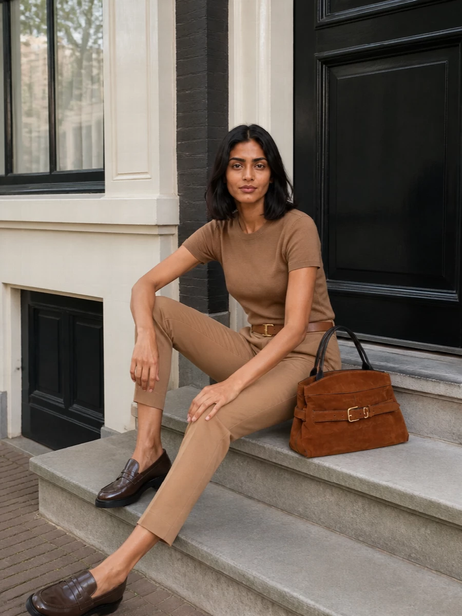 A tonal camel story that feels calm, precise and quietly confident. The knit tee and cropped trouser create a clean column of colour, subtly framed by the taupe loafer and structured cognac bag. It is an easy city uniform for days when you want polish without sharp edges.