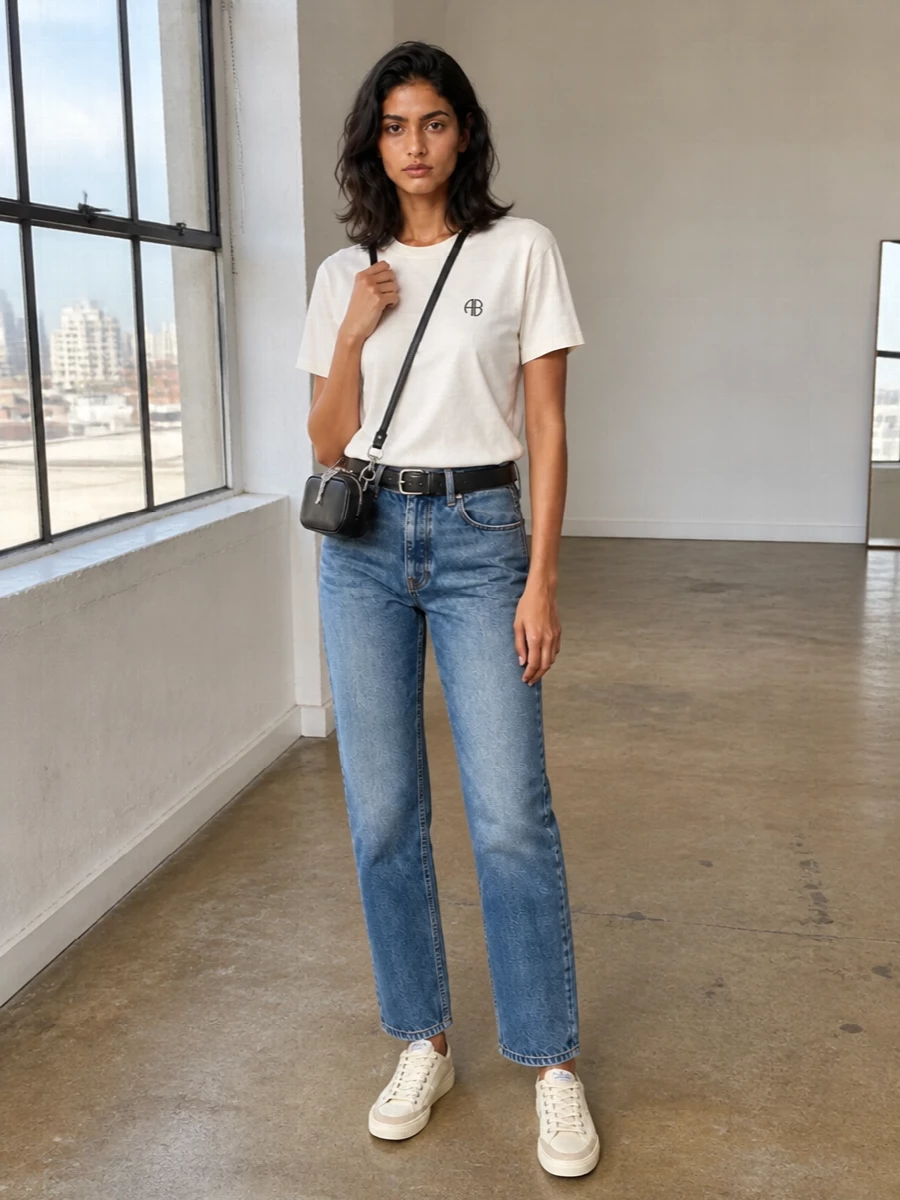 Mid-blue straight denim with a clean logo tee creates a relaxed, LA-inflected base that feels easy but considered. Cream sneakers keep the palette soft and casual, while a black mini crossbody and slim belt add just enough structure and contrast. The result is a simple, city-ready uniform you can wear on repeat without it feeling basic.