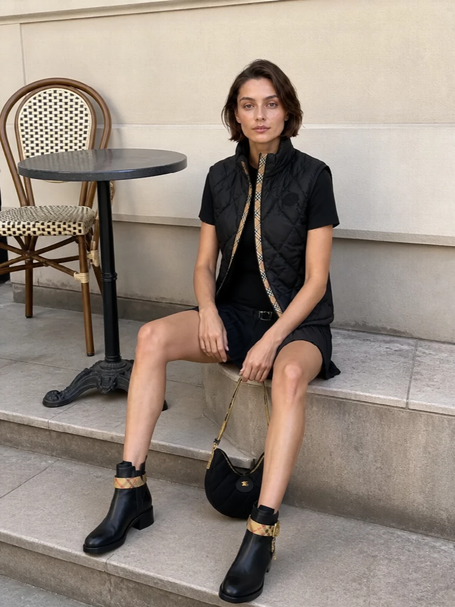 I chose the dress route, pairing the quilted Burberry gilet with a sharp black structured mini so the outerwear and hardware lead, rather than competing checks. Block-heel ankle boots and a quilted crescent bag keep everything in the same black, gold and heritage check family, giving a polished, preppy city outfit that feels modern and quietly confident. The proportions are clean and intentional: short, structured layers up top, grounded by a solid boot and compact shoulder bag.