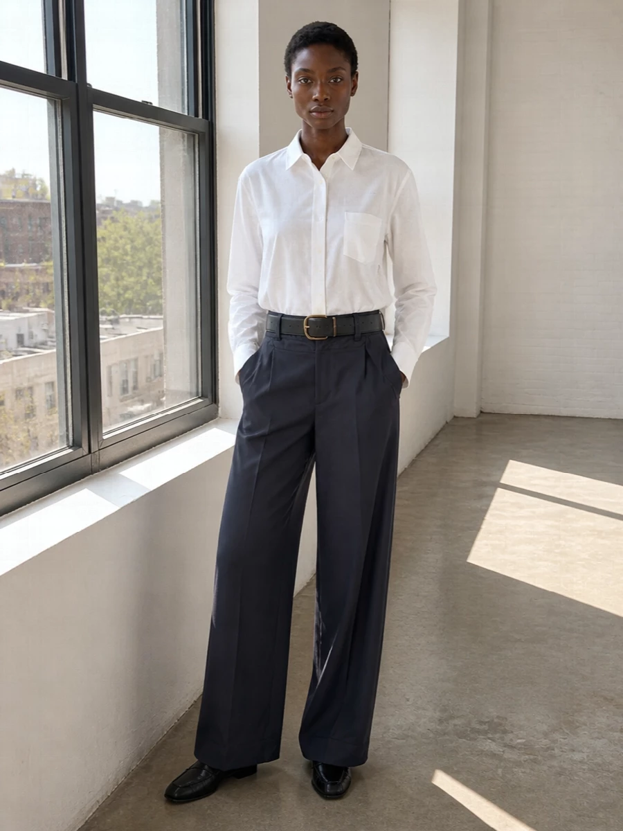 Sacai wide leg trousers white shirt prada loafers