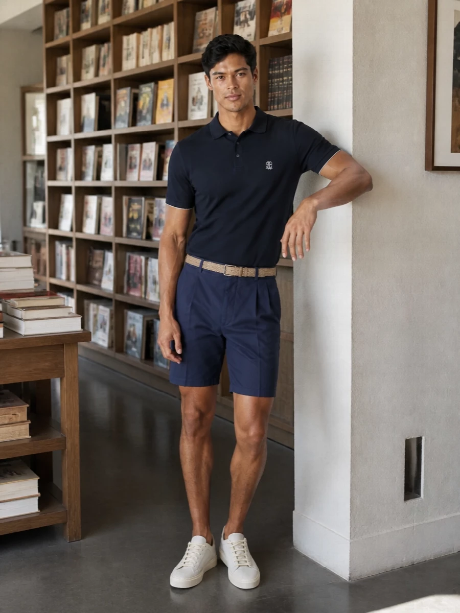 Deep navy on top with tailored navy shorts creates a clean, tonal base that feels quietly precise rather than sporty. Soft neutral sneakers and a braided taupe belt lighten the palette and keep everything relaxed but groomed. The cognac weekender adds a subtle hit of warmth, framing this as an easy, high-end travel pairing rather than just another polo-and-shorts combination.