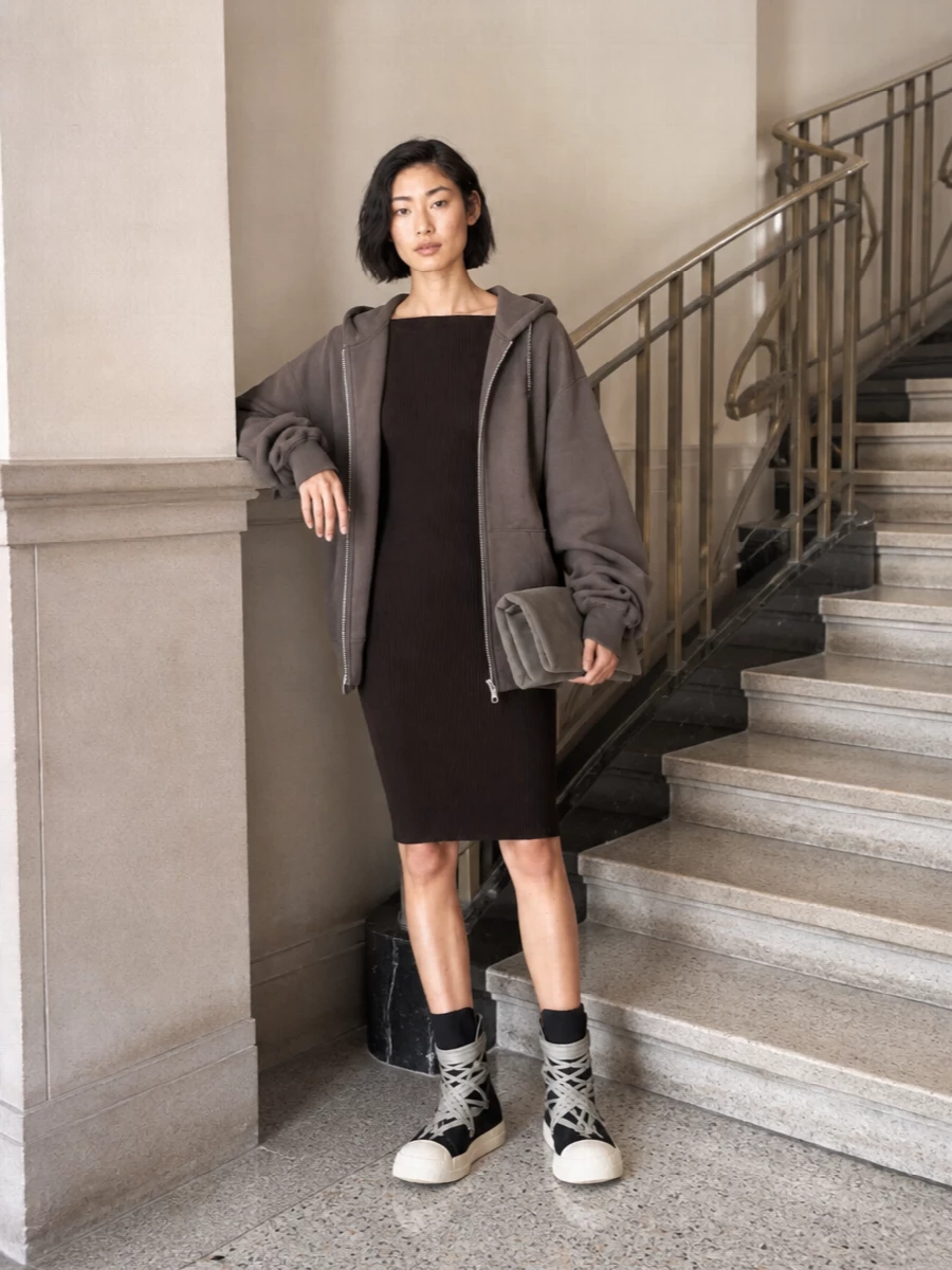 Rick owens hoodie ribbed dress high top sneakers
