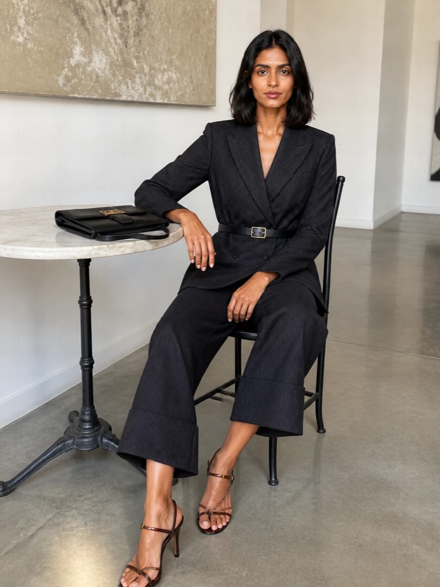 Charcoal pinstripes are cut into a precise, cropped wide leg that plays off the long, double-breasted blazer for a controlled, modern suit line. A slender croc-embossed belt, strappy stiletto sandals and a sleek black clutch keep the palette disciplined and the finish unapologetically polished for serious meetings or after-dark appointments. The result is sharp, quiet power with just enough softness in the accessories to feel wearable beyond the office.