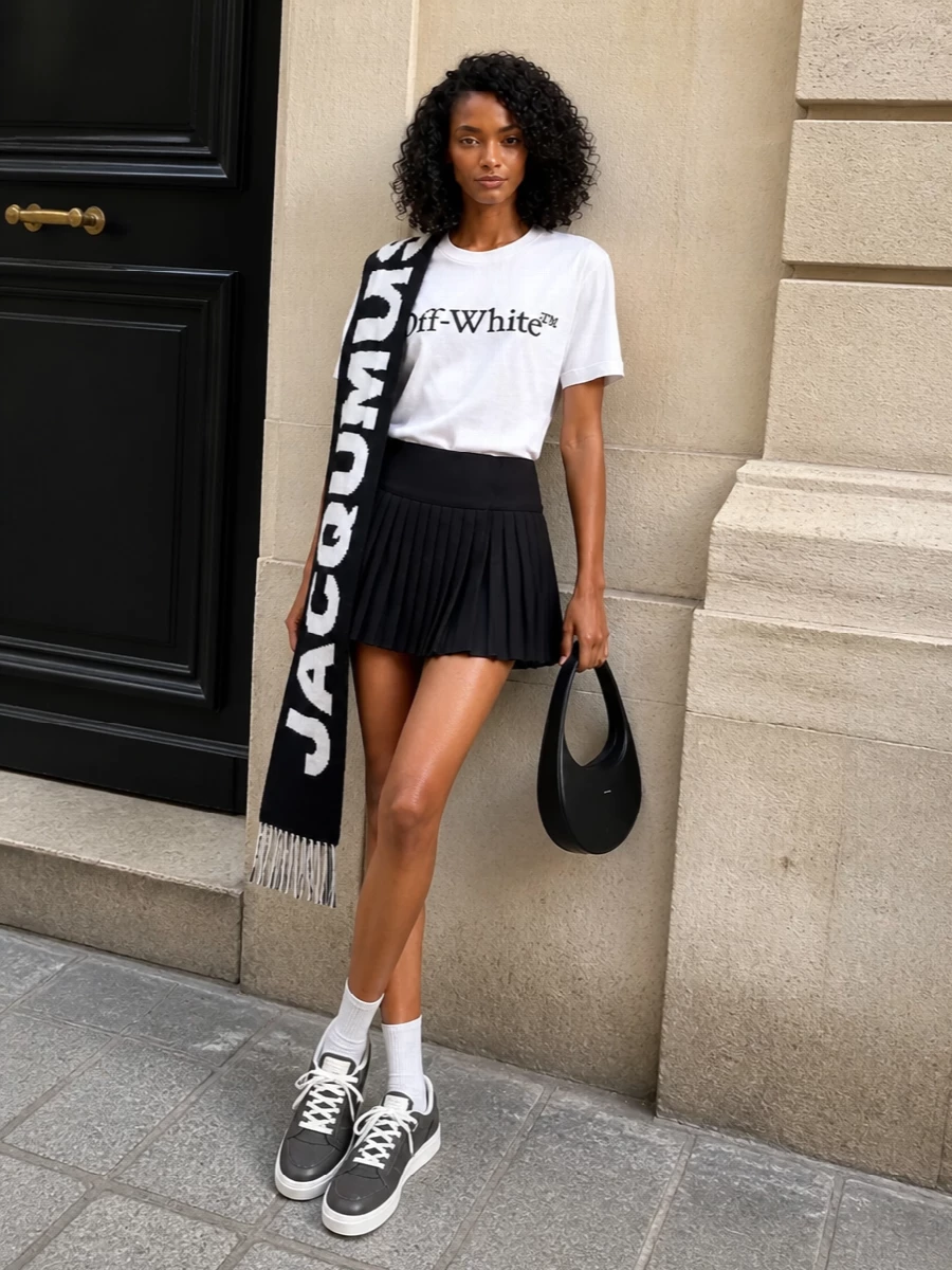 Off white logo t shirt pleated mini skirt outfit