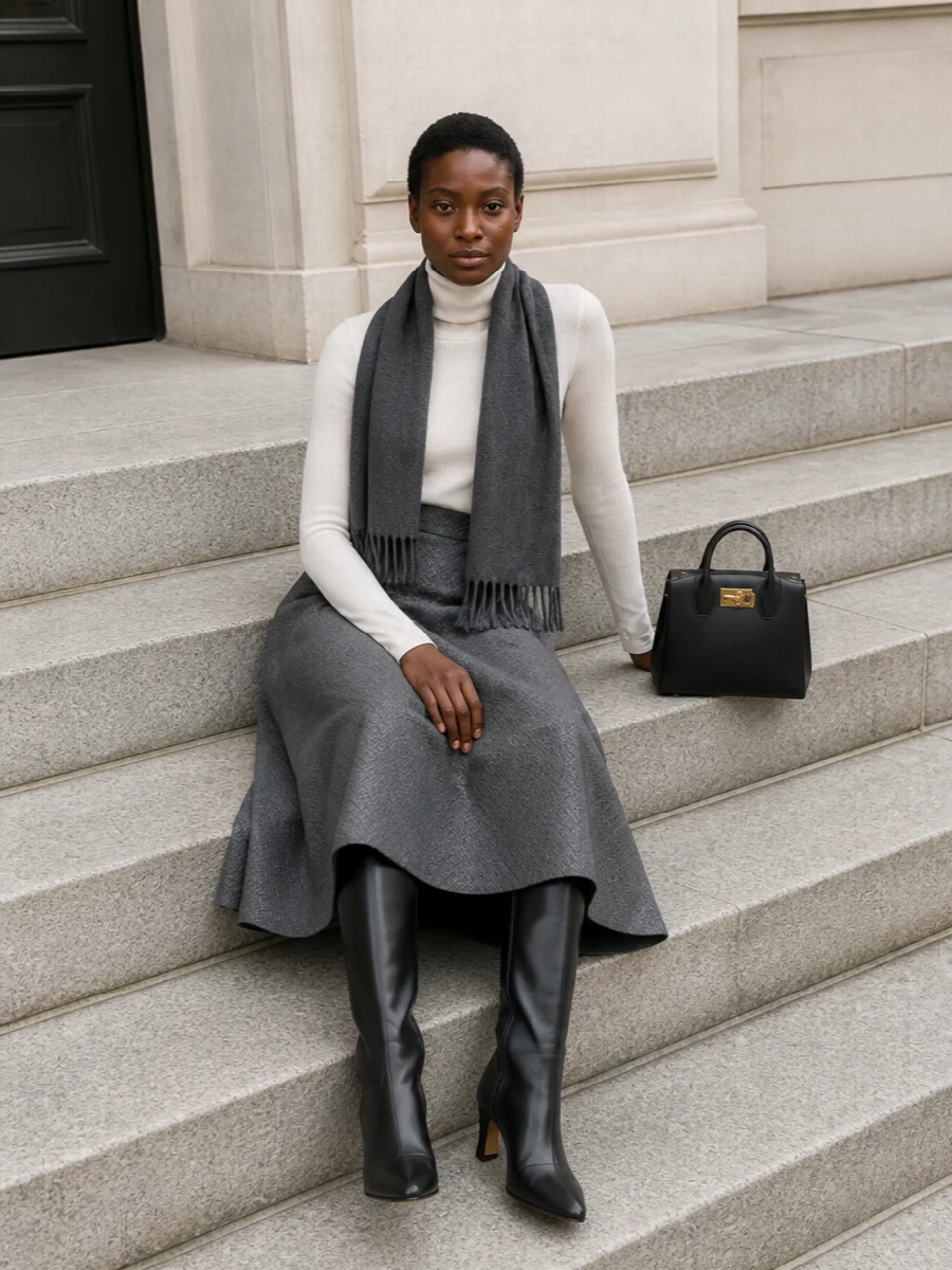 Alberta ferretti grey midi skirt ivory turtleneck