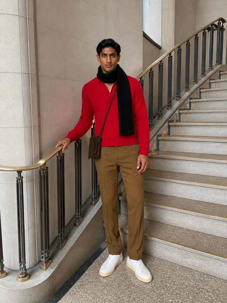 Auralee red knit marni camel trousers outfit