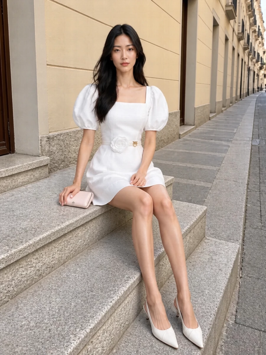 Rotate white mini dress ivory slingbacks