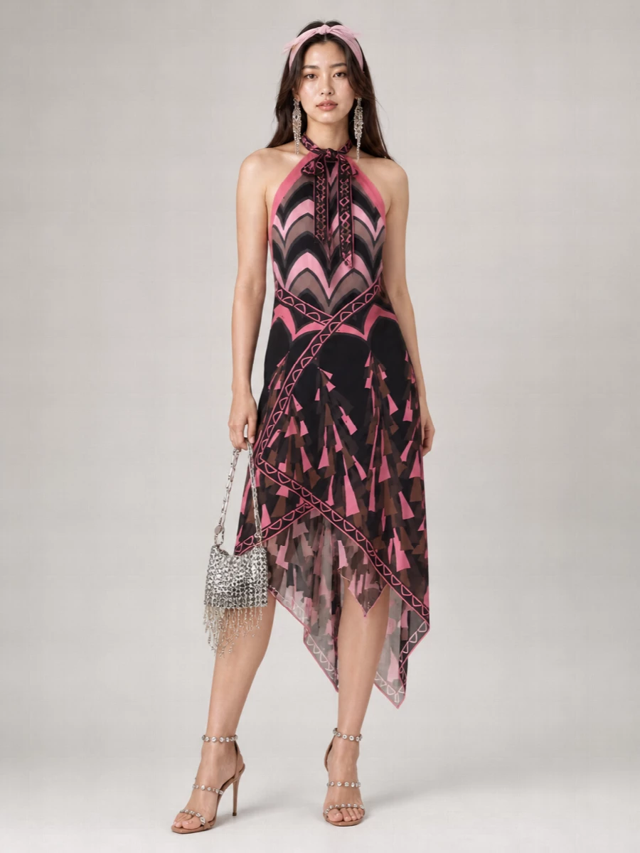 Pucci Silk Sleeveless Halterneck Asymmetric Printed Long Beach Dress