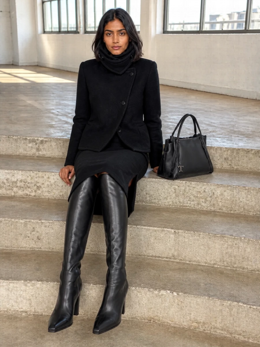 Tagliatore coat black knit midi dress boots