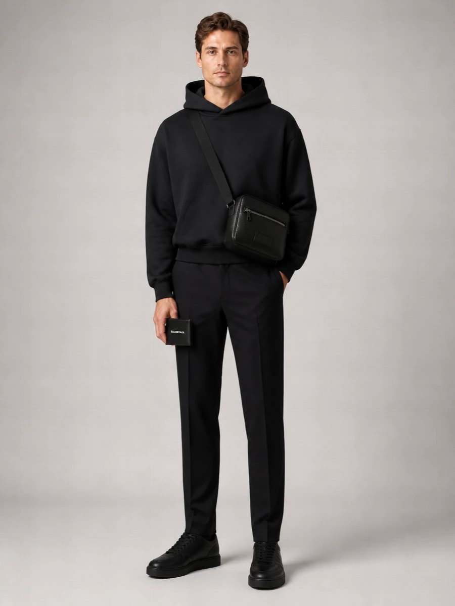 A tight, monochrome city uniform built around the graphic Balenciaga wallet, this pairing lets proportion do the talking. The oversized hoodie relaxes the mood, while crisp Fendi tailoring and low-key black sneakers keep the line disciplined for anything from gallery days to late dinners. A structured Tom Ford crossbody finishes it with practical polish that stays firmly in the minimalist lane.