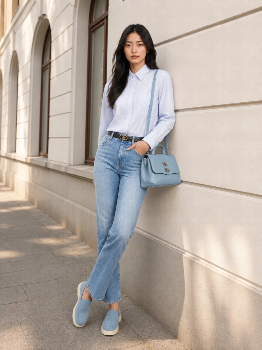 Soft stripes with washed denim and powder-blue leather create an easy, quietly polished uniform. The relaxed shirt and slim straight jeans stay casual, while structured loafers, a small satchel and a fine belt keep the finish considered. It is an ideal mix for weekday errands, informal office days or city weekends where you still want things to feel put together.