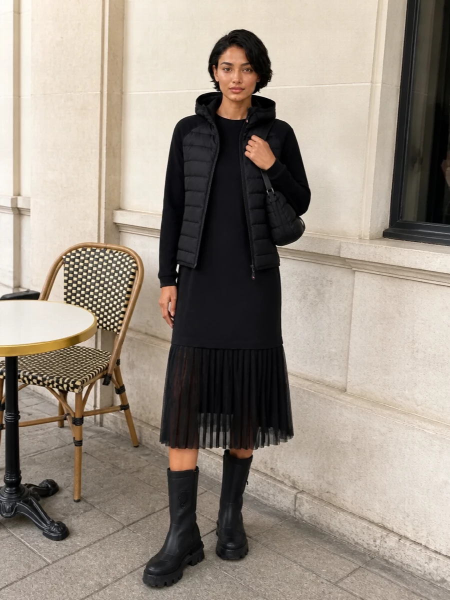 Moncler grenoble black winter dress outfit boots