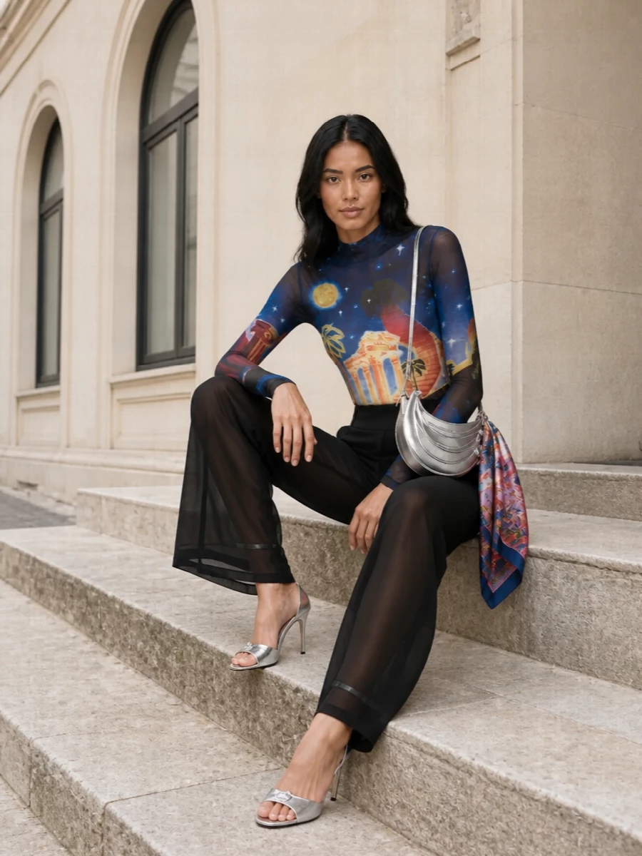 Casablanca mesh top sheer black trousers outfit