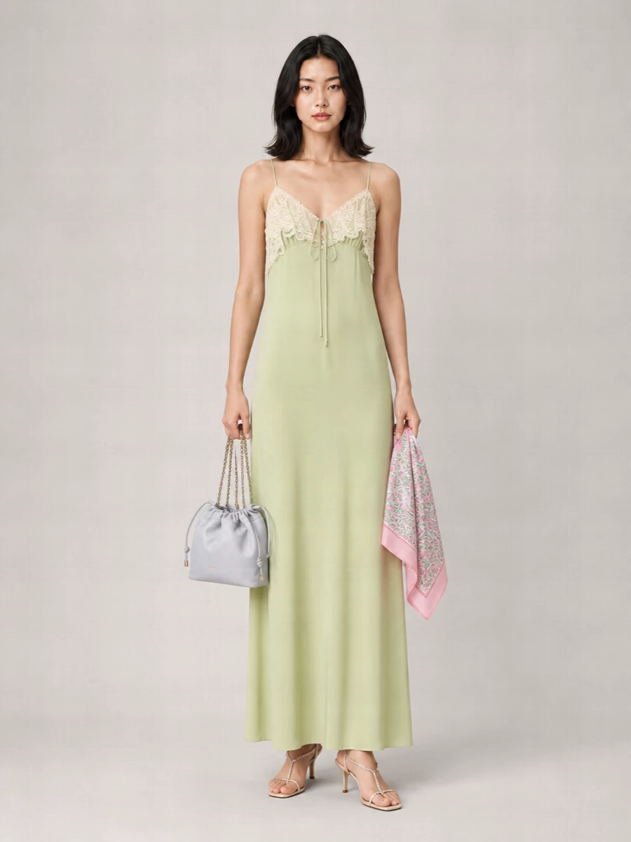 Chloé Silk Lace-Trim V-Neck Long Nightdress