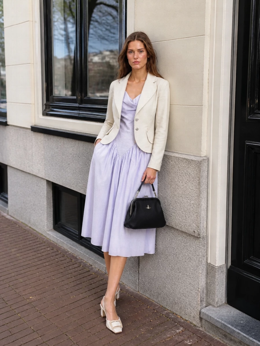 Vivienne westwood jacket striped midi dress outfit