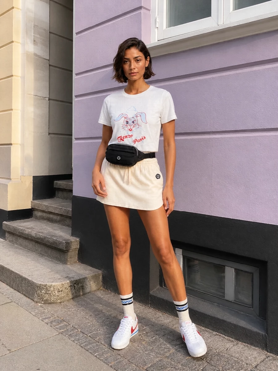 A playful Kenzo bunny tee meets a cream sport mini for a light, easy city outfit that still feels considered. White retro runners with red and blue accents echo the tee’s colors, while a black belt bag and striped socks pull in a subtle sport-preppy edge. The proportions stay short and sharp on the bottom so the regular-cut tee can read relaxed but not sloppy.