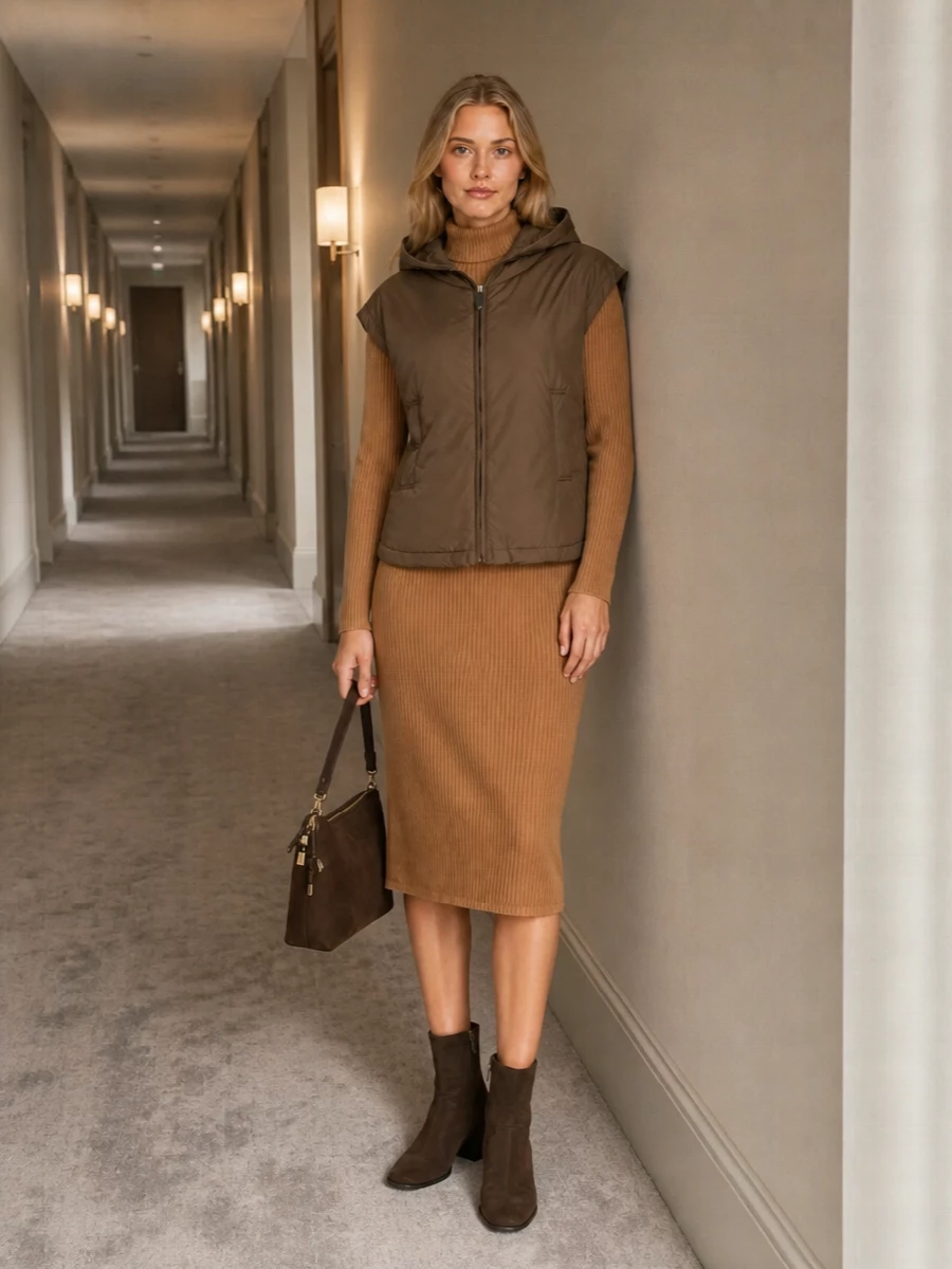 Max mara camel sweater dress brown gilet outfit
