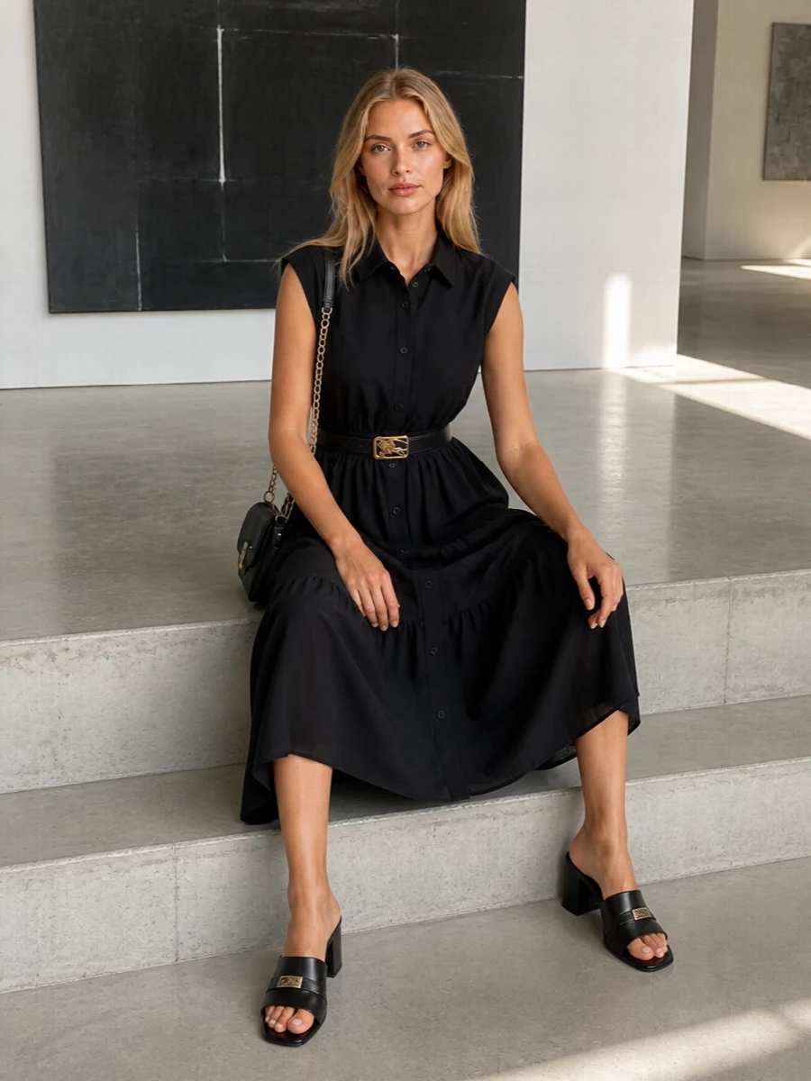 A clean black shirtdress is sharpened with a slim logoed belt and structured black shoulder bag for an easy city uniform. Block-heel slides keep the line modern and practical, carrying you from office hours to low-key dinners without a change of outfit.